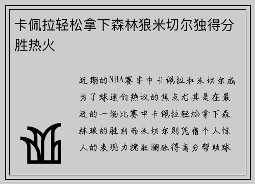 卡佩拉轻松拿下森林狼米切尔独得分胜热火